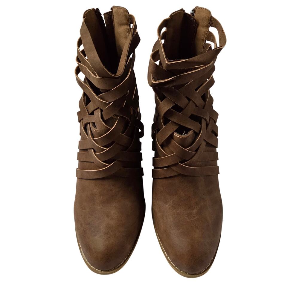 Mi.iM URBAN‑05 Brown Woven Strap Ankle Booties Stacked Heel Size 9 NIB - Picture 9 of 16